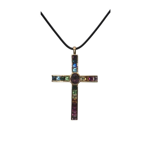 Vintage Rainbow Rhinestone Cross with Rhinestones Vintage Pendant Necklace - Picture 3 of 5